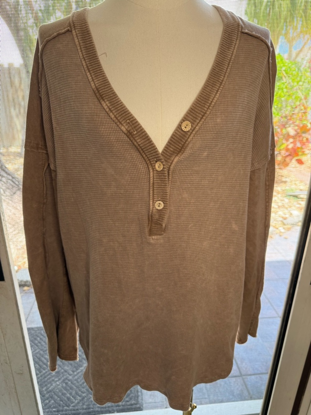J Her Waffle Knit Long Sleeve Henley Top - Brown NWOT